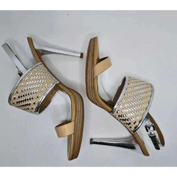 Coach Steffi Woven Slingback Stiletto Heels Silver Metallic Tan Leather 11 B - Picture 6 of 11